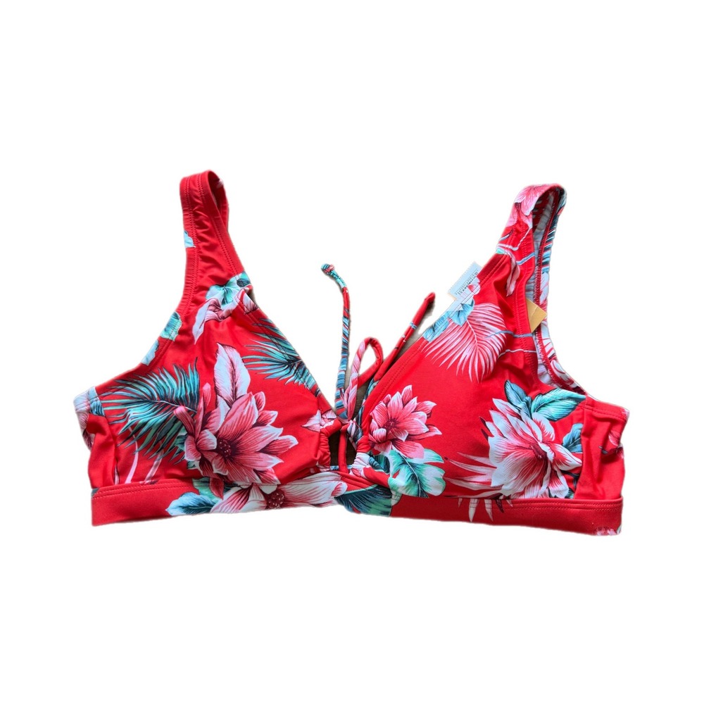 Kona Sol Bikini Top Womens L 12-14 Red Floral NWT Tropical V-Neck Tie Front